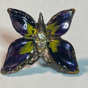 VTG Butterfly Brooch Pin Purple Yellow Enamel Rhinestones Hand Painted1.5"x1.25"
